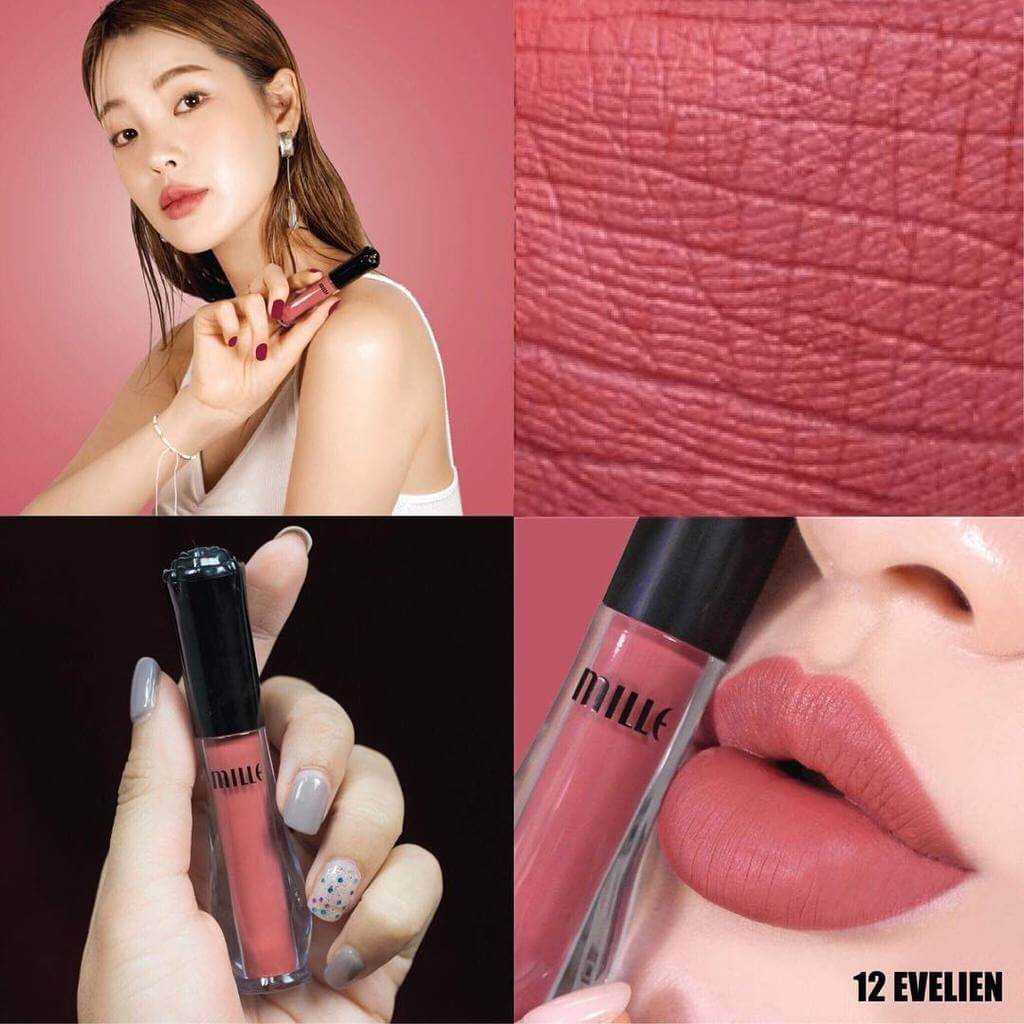 Mille Satin Matte Liquid Lip #12 Evelien 1.7 g ลิปสติกเนื้อแมตท์ ผิวสัมผัสเรียบเนียนดุจกำมะหยี่ นุ่มลื่นทาง่าย ให้สีสันสวยเจิดจรัสยาวนานตลอดวัน